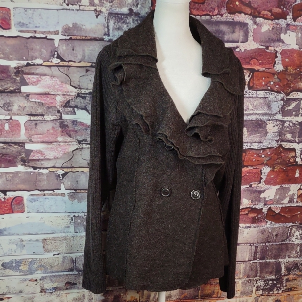 Elena Solano Ruffle Neck Cardigan Sweater